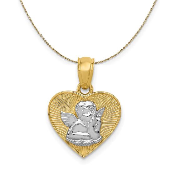 14k Yellow Gold & Rhodium Guardian Angel Heart Necklace - 24 Inch - Picture 1 of 7